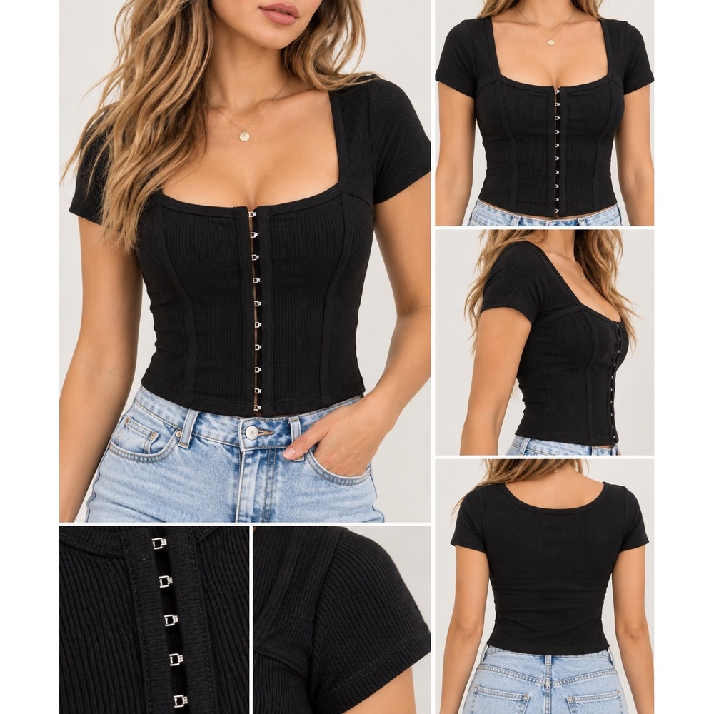 Bozzolo Womens Black Ribbed Hook and Eye Front Crop Top Short Sleeve Large